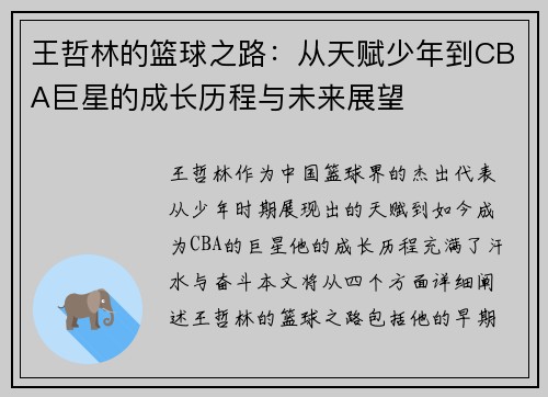 王哲林的篮球之路：从天赋少年到CBA巨星的成长历程与未来展望