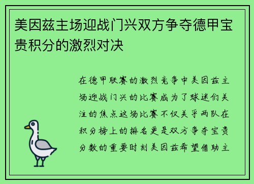 美因兹主场迎战门兴双方争夺德甲宝贵积分的激烈对决